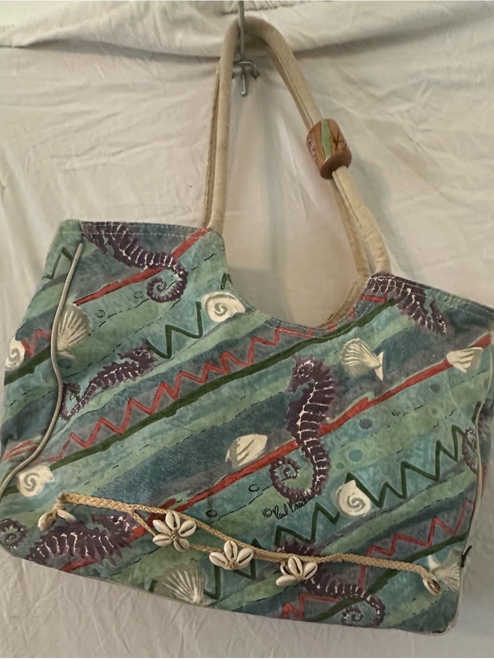 Seahorse Embroidered Beach Tote Bag in Teal